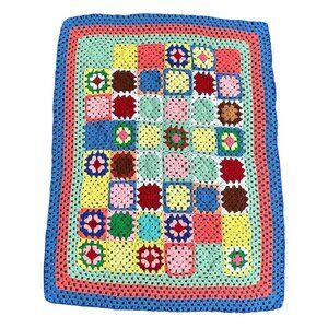Handmade Crochet Granny Square Throw Afghan 38.5 X 49.5 inch Multi-Color Blanket